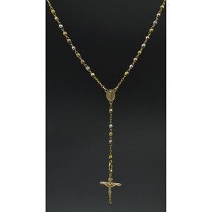14k Solid Tr-iColor Gold Rosary Virgin Mary Jesus Cross Necklace 7.3 gr
